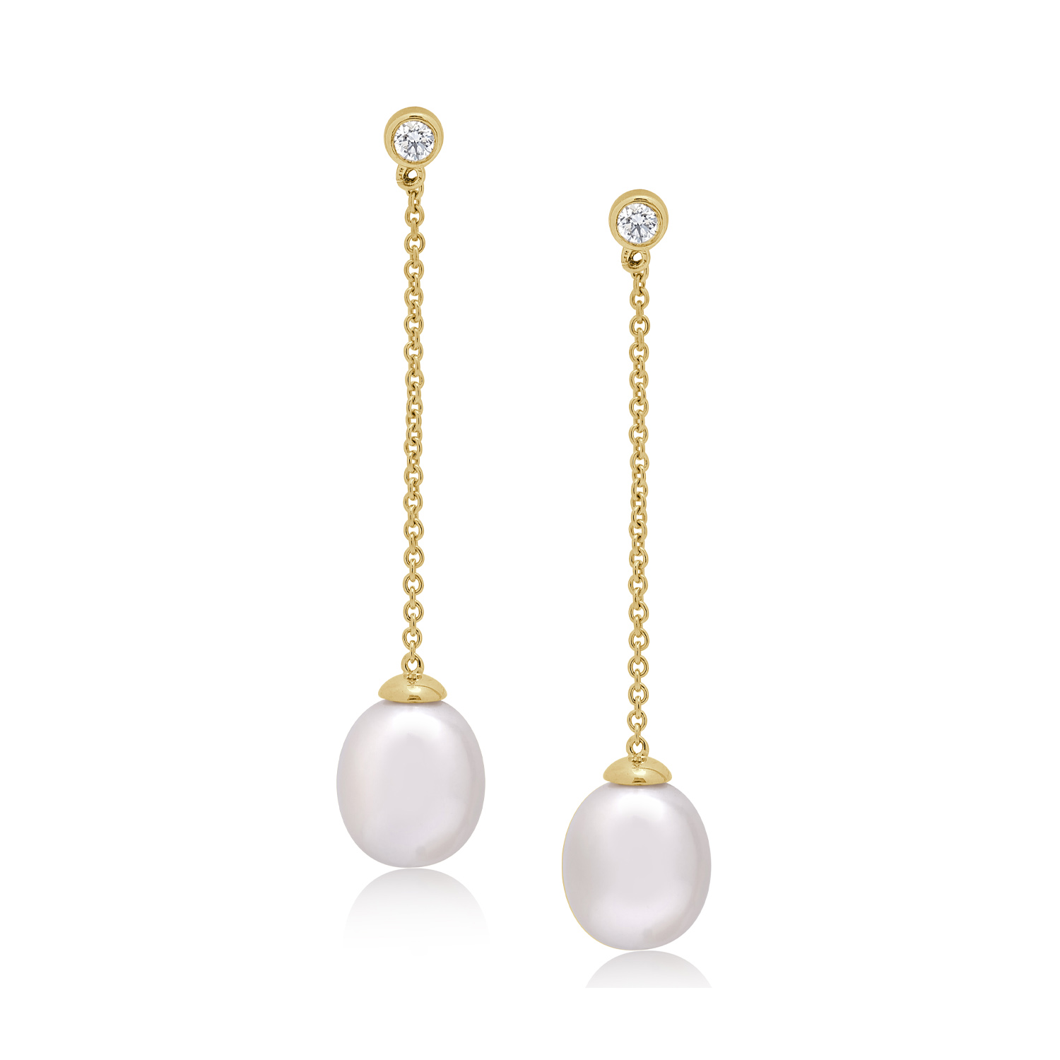 A pair of 9ct yellow gold freshwater pearl and rubover set diamond chain drop stud earrings, for pierced ears.