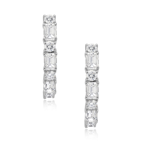 A pair of 18ct white gold baguette and brilliant cut diamond hoop earrings, for pierced ears.