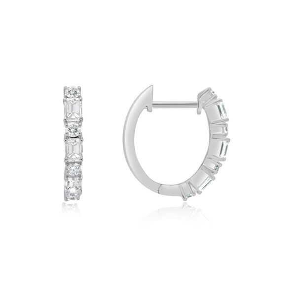 A pair of 18ct white gold baguette and brilliant cut diamond hoop earrings, for pierced ears.