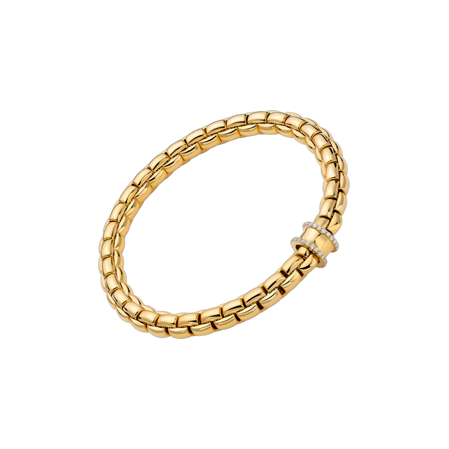 An 18ct yellow gold Flex'It bracelet with a double row diamond set rondel belonging to FOPE's EKA collection.