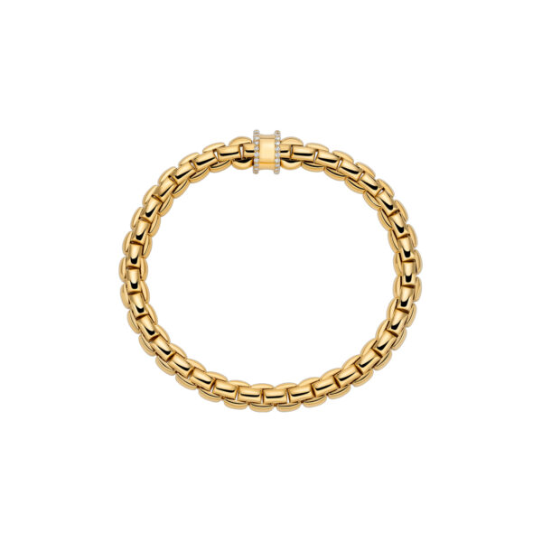 An 18ct yellow gold Flex'It bracelet with a double row diamond set rondel belonging to FOPE's EKA collection.