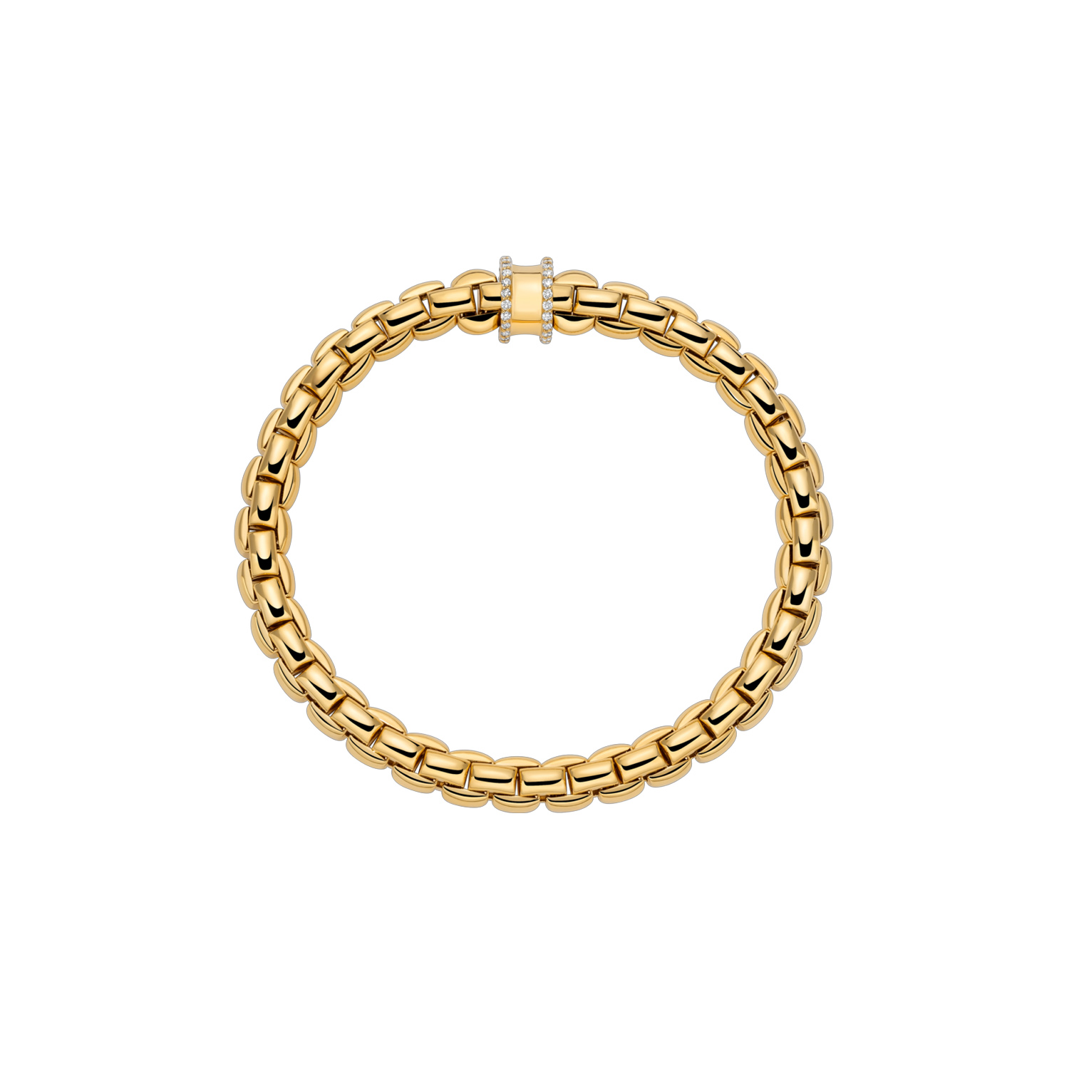 An 18ct yellow gold Flex'It bracelet with a double row diamond set rondel belonging to FOPE's EKA collection.