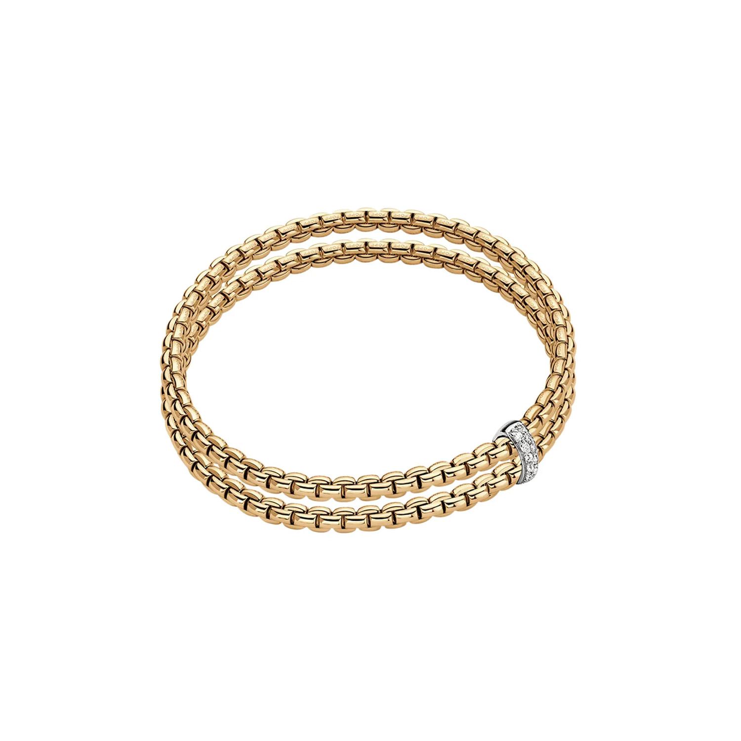 An 18ct yellow gold two row Flex'It bracelet with a single white gold diamond set rondel belonging to FOPE's Essentials collection.