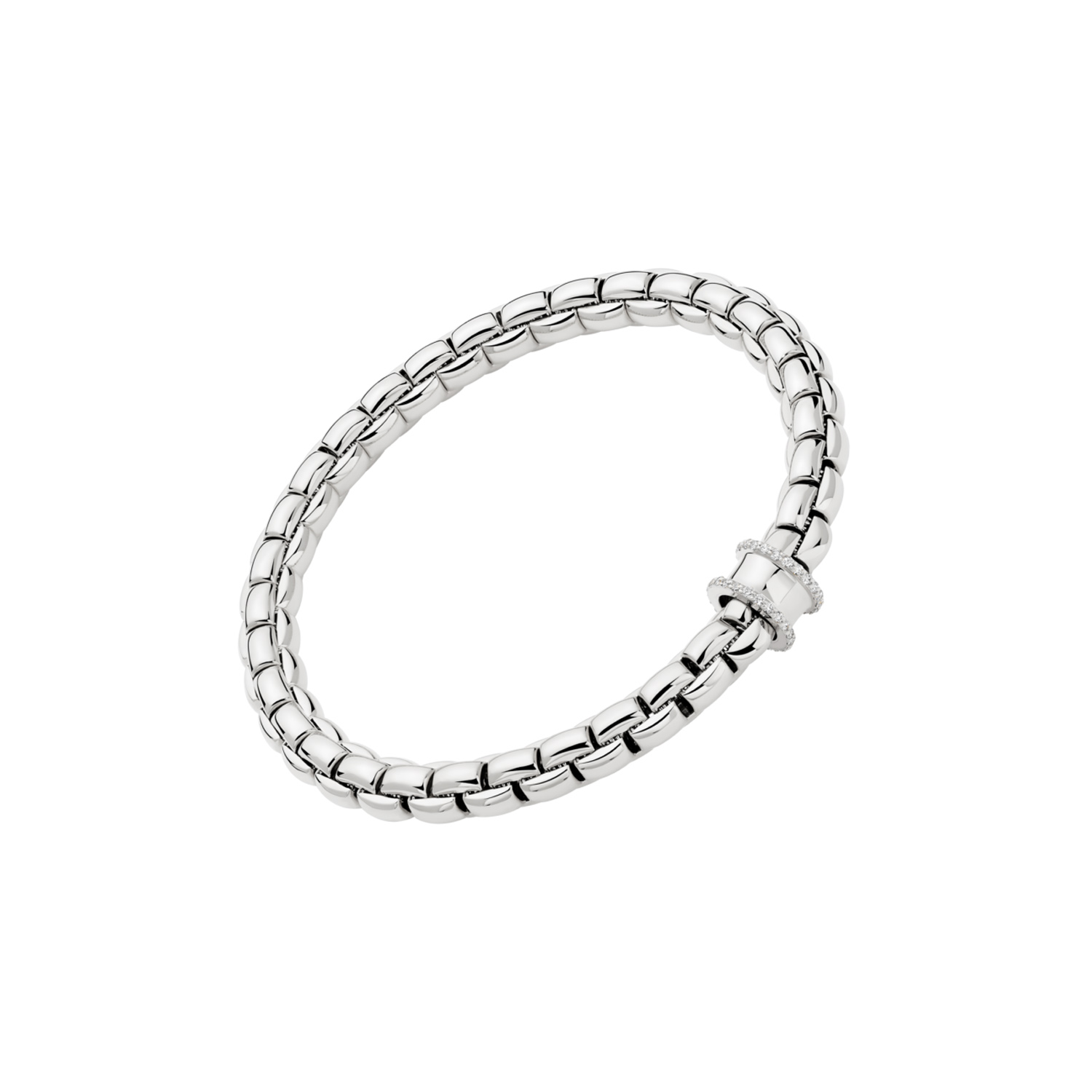 An 18ct white gold Flex’It bracelet with a double row diamond set rondel belonging to FOPE’s EKA collection.