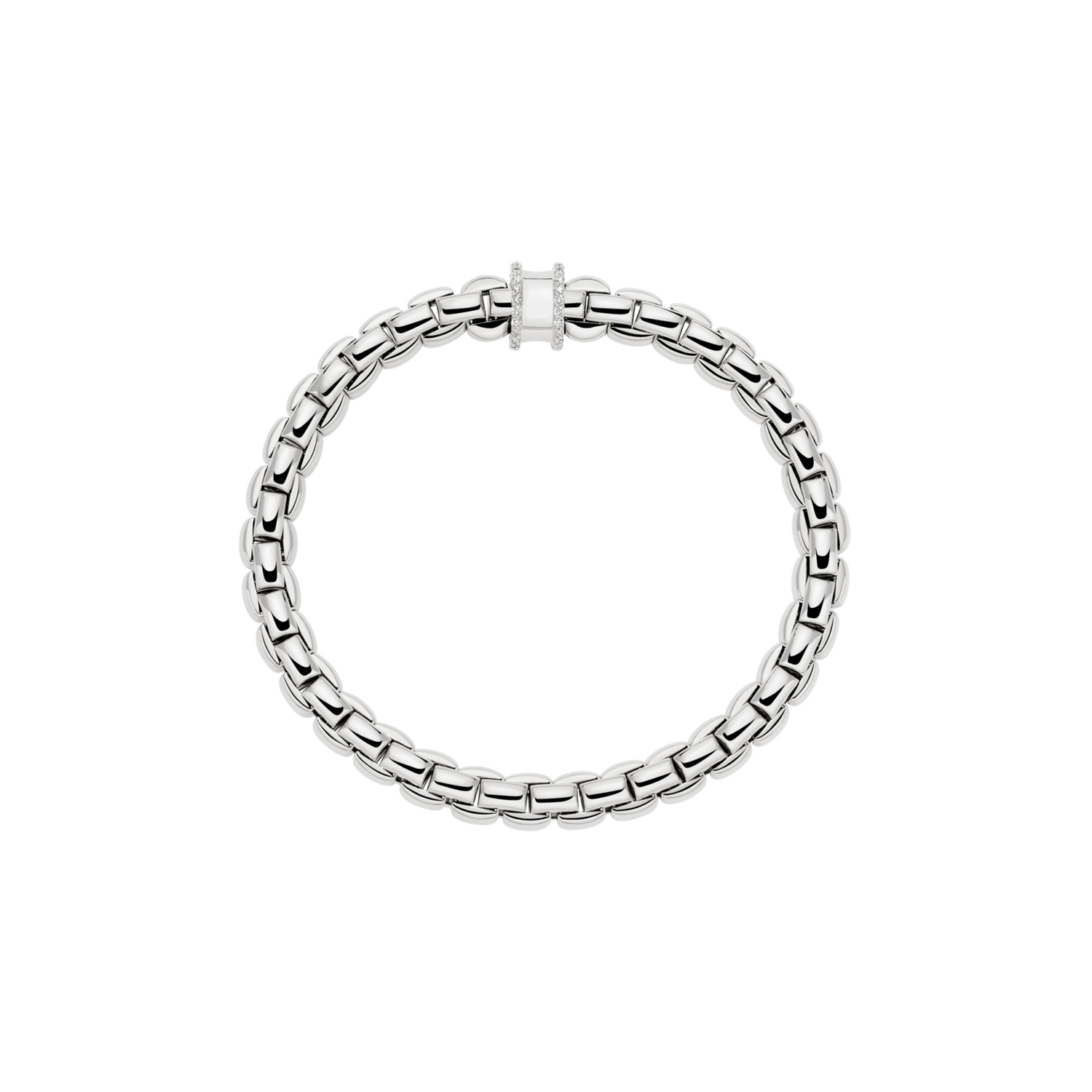 An 18ct white gold Flex’It bracelet with a double row diamond set rondel belonging to FOPE’s EKA collection.
