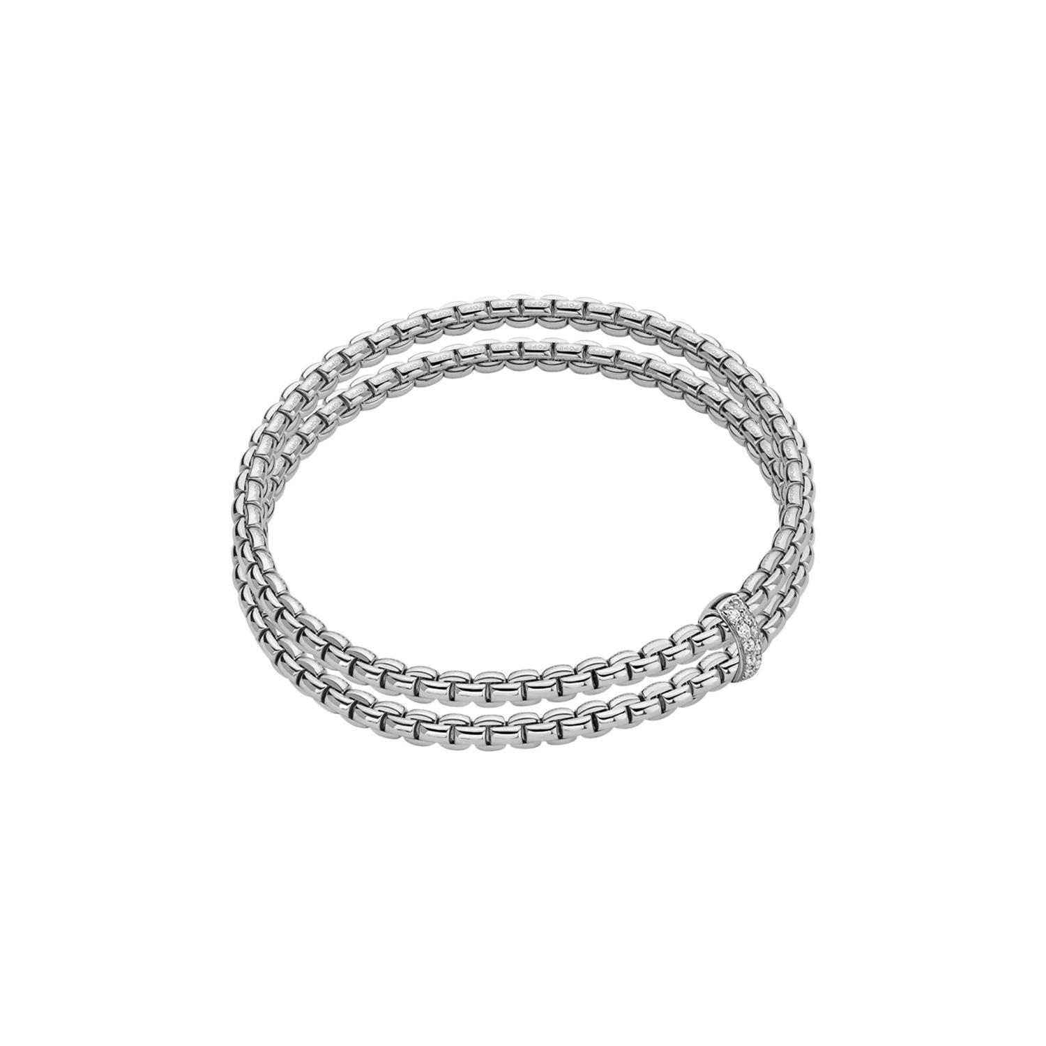 An 18ct white gold two row Flex’It bracelet with a single white gold diamond set rondel belonging to FOPE’s Essentials collection.