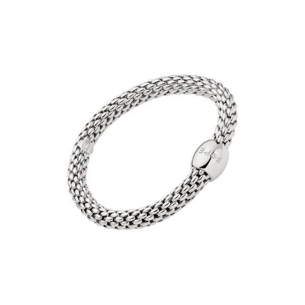An 18ct white gold Flex'It bracelet with a single white gold diamond set polished rondel belonging to FOPE's Love Nest collection.