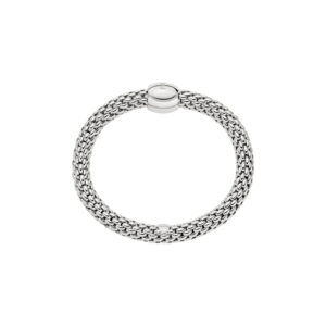 An 18ct white gold Flex'It bracelet with a single white gold diamond set polished rondel belonging to FOPE's Love Nest collection.