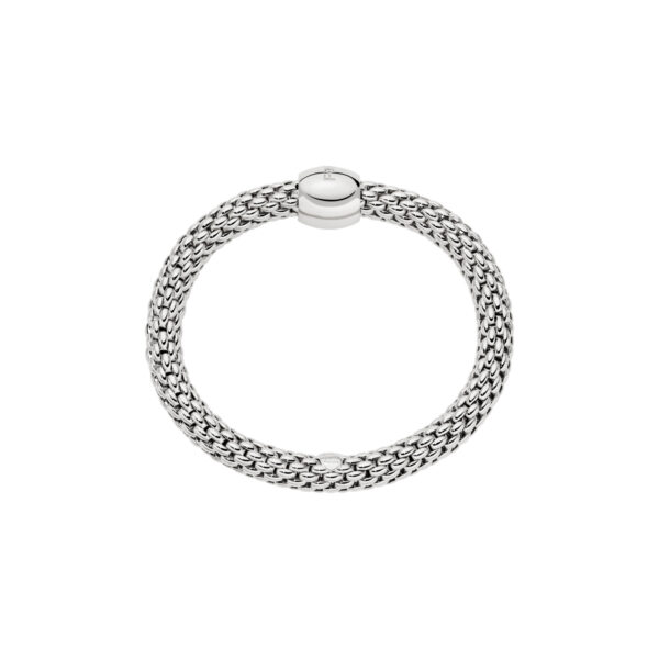 An 18ct white gold Flex'It bracelet with a single white gold diamond set polished rondel belonging to FOPE's Love Nest collection.