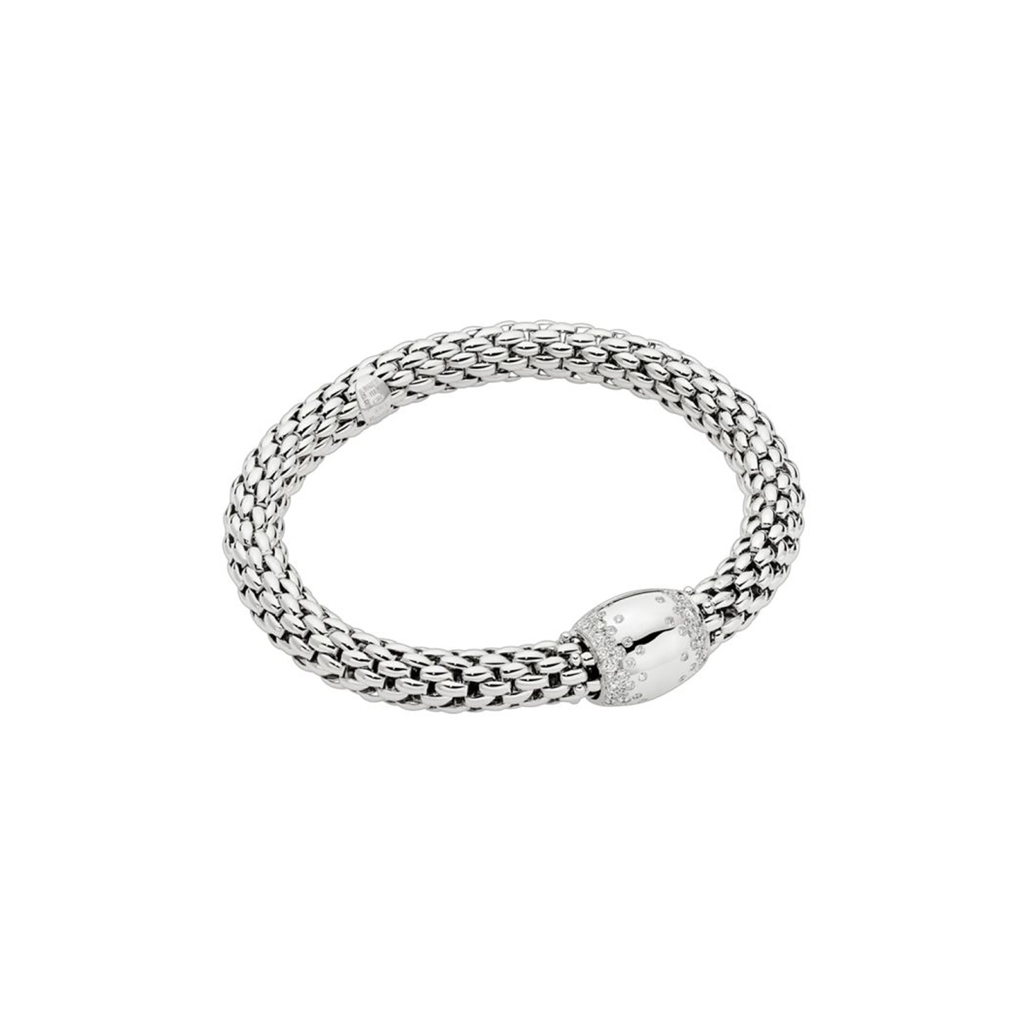 An 18ct white gold Flex'It bracelet with a large white gold polished diamond set rondel belonging to FOPE's Love Nest collection.