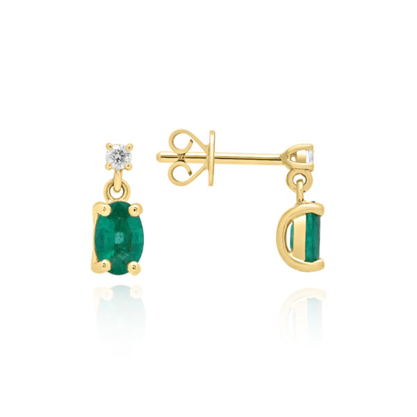 A pair of 18ct yellow gold oval emerald and brilliant cut diamond set drop earrings, for pierced ears.