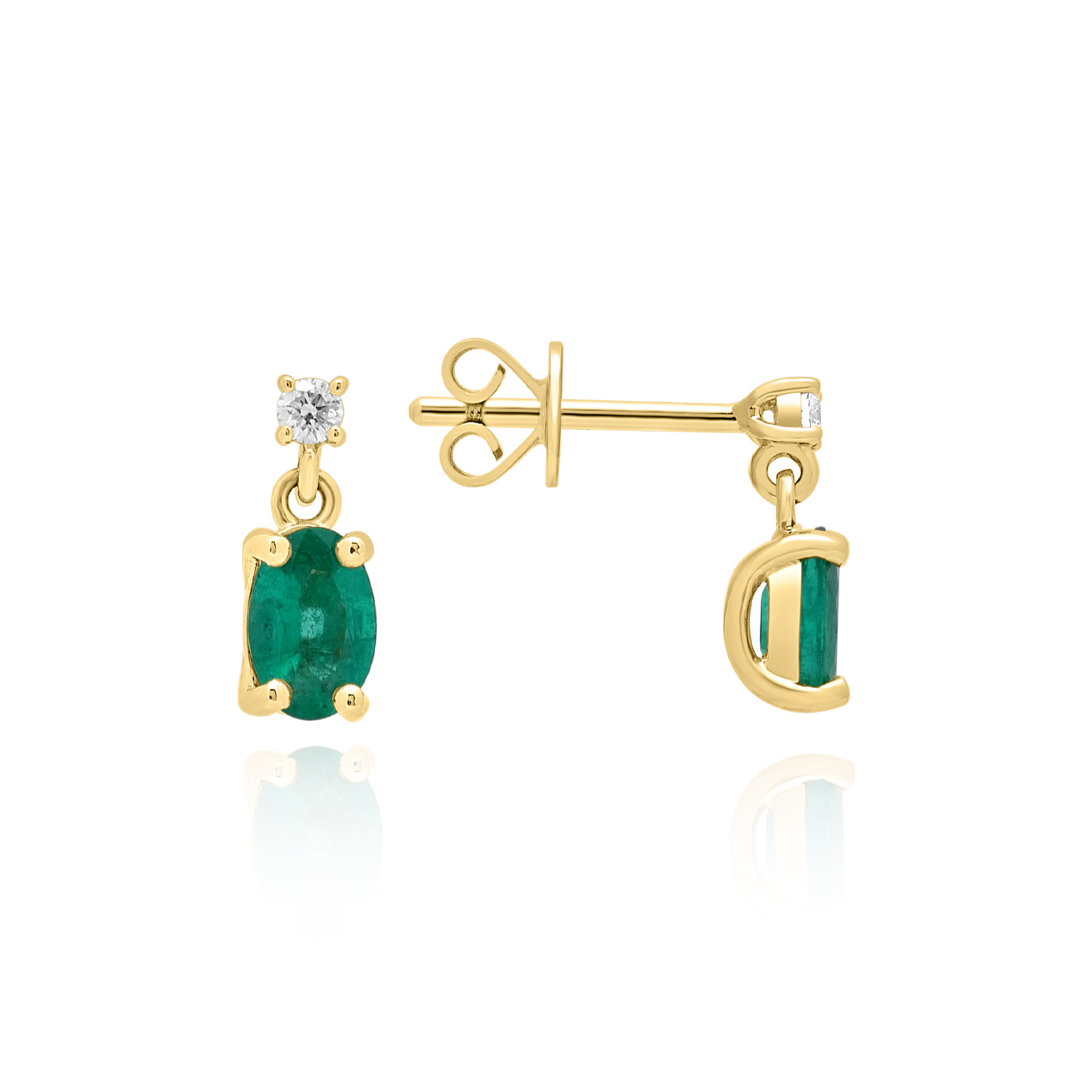 A pair of 18ct yellow gold oval emerald and brilliant cut diamond set drop earrings, for pierced ears.