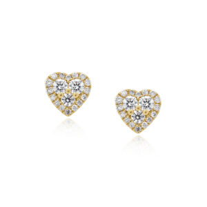 A pair of 18ct yellow gold round brilliant cut diamond heart shaped stud earrings, for pierced ears.