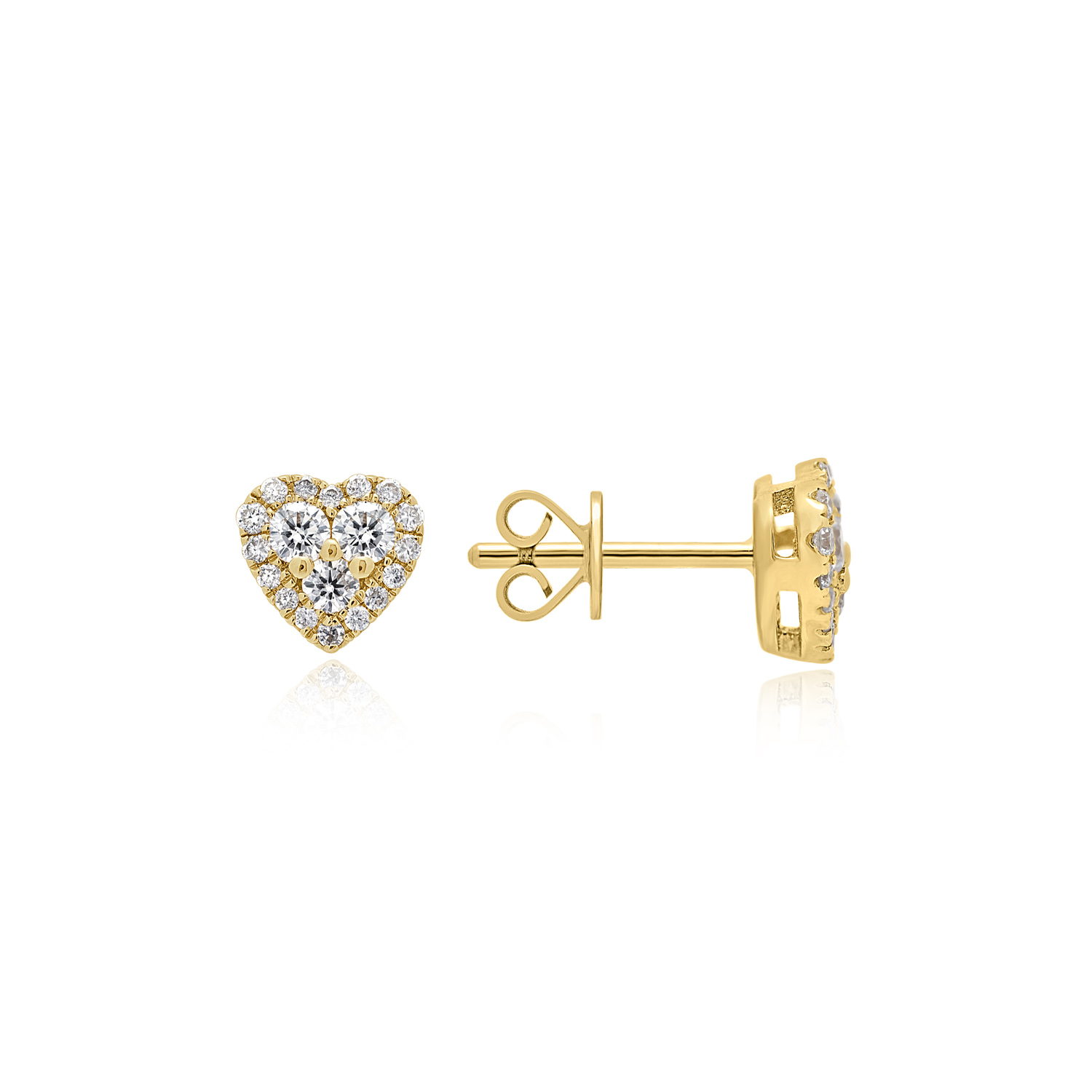 A pair of 18ct yellow gold round brilliant cut diamond heart shaped stud earrings, for pierced ears.