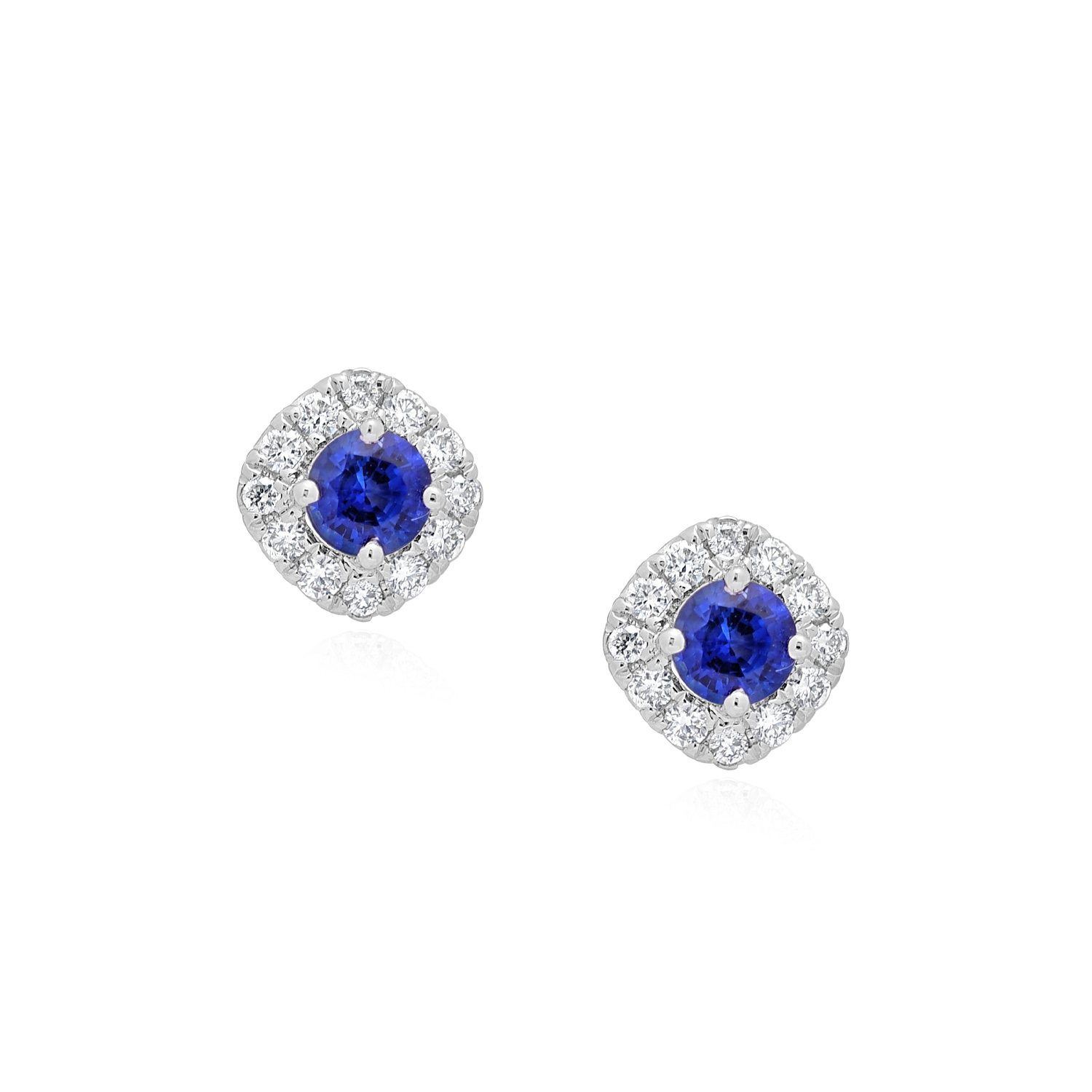 A pair of 18ct white gold round sapphire and brilliant cut diamond cluster stud earrings, for pierced ears.
