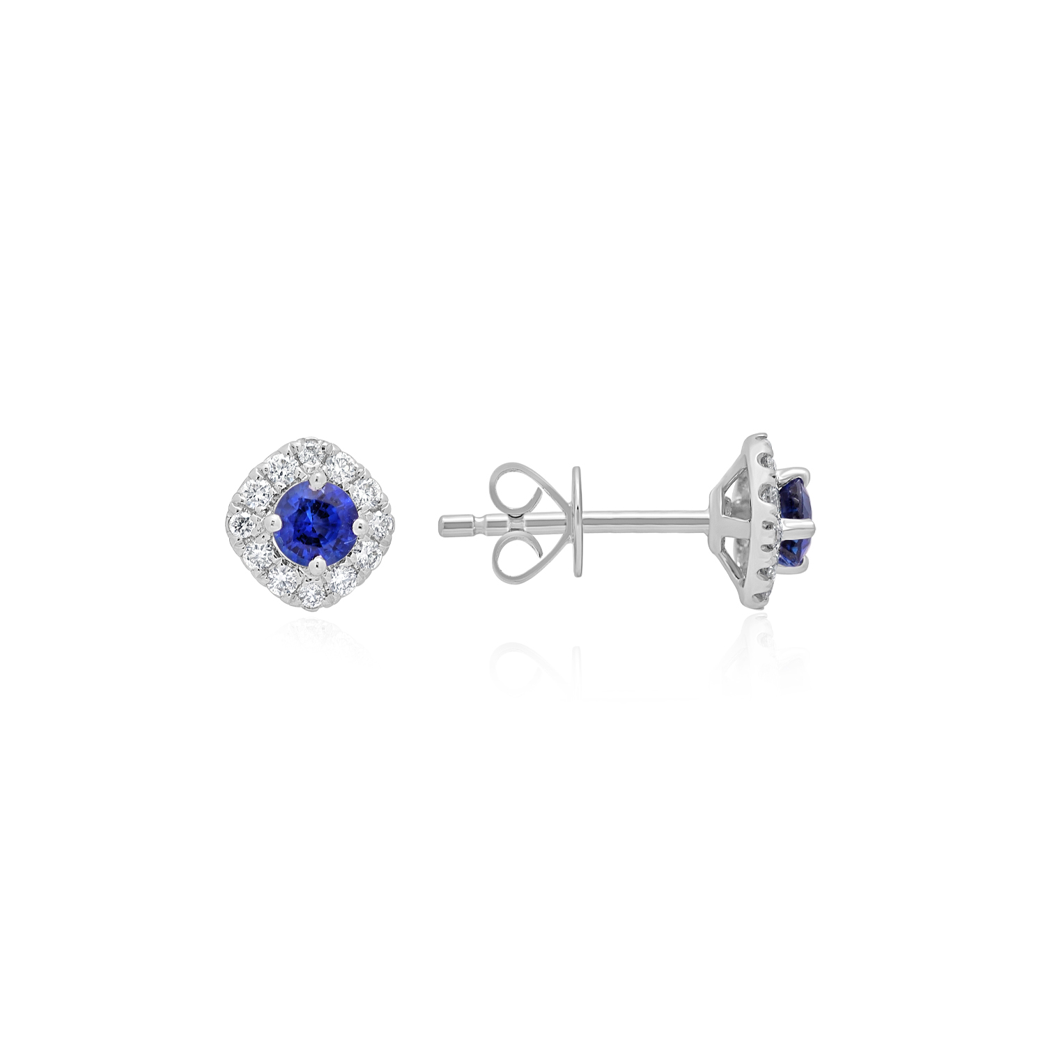 A pair of 18ct white gold round sapphire and brilliant cut diamond cluster stud earrings, for pierced ears.