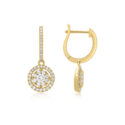 A pair of 18ct yellow gold diamond cluster drop earrings with a hoop fitting, for pierced ears.