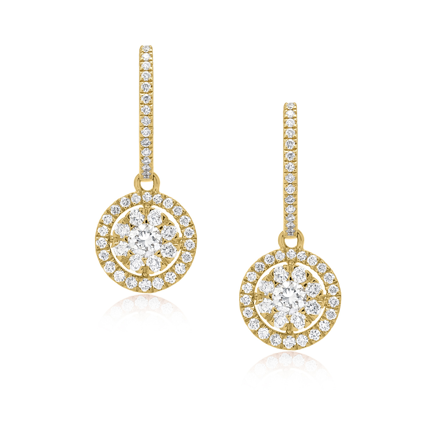 A pair of 18ct yellow gold diamond cluster drop earrings with a hoop fitting, for pierced ears.