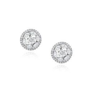 A pair of 18ct white gold claw set single stone brilliant cut diamond cluster earrings surrounded by six marquise cut diamonds, for pierced ears.