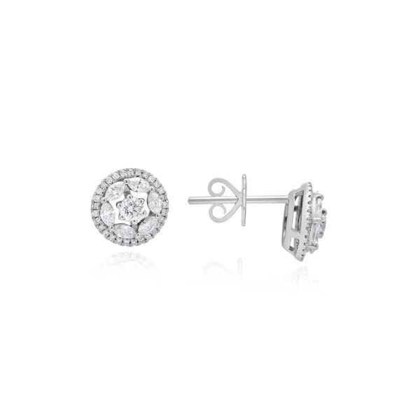 A pair of 18ct white gold claw set single stone brilliant cut diamond cluster earrings surrounded by six marquise cut diamonds, for pierced ears.