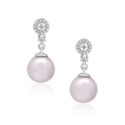 A pair of 18ct white gold freshwater pearl and diamond cluster drop earrings, for pierced ears.