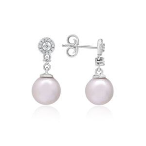 A pair of 18ct white gold freshwater pearl and diamond cluster drop earrings, for pierced ears.