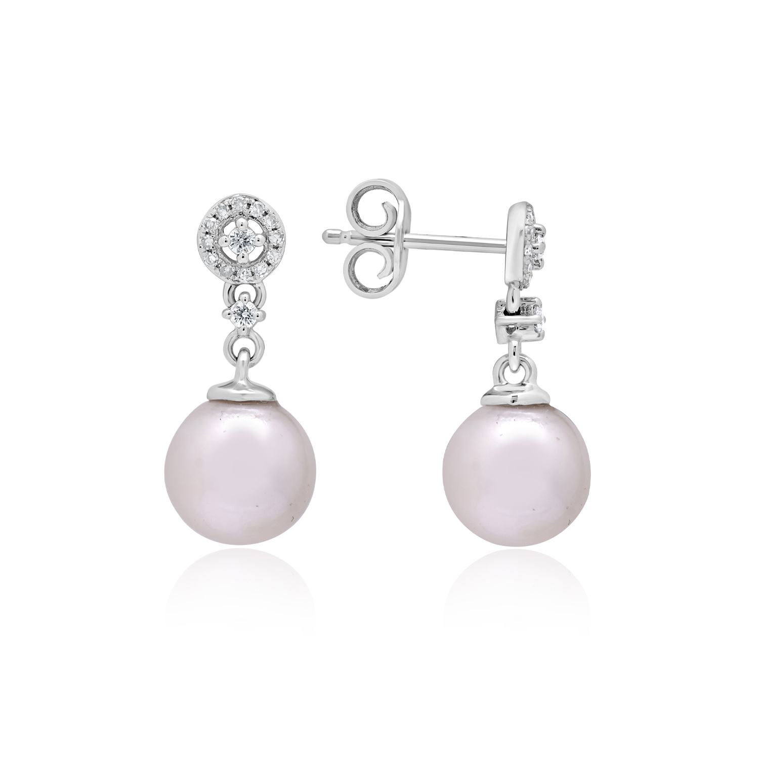 A pair of 18ct white gold freshwater pearl and diamond cluster drop earrings, for pierced ears.