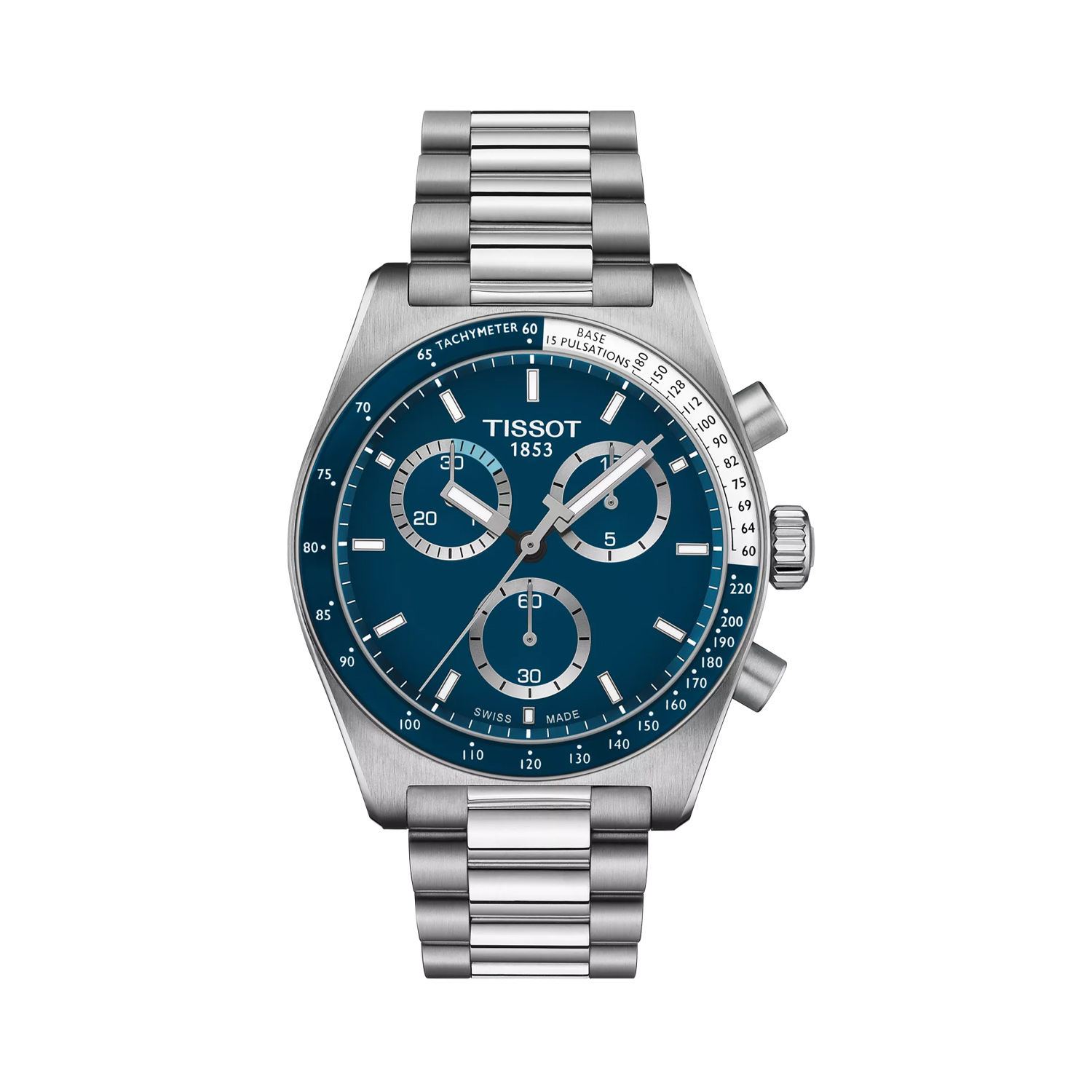Tissot, PR516 Blue Chronograph, Quartz Men's Watch Tissot, PR516 Chronograph with a 40mm stainless steel case and bracelet strap featuring a chronograph and a blue dial with a blue and white bezel.
