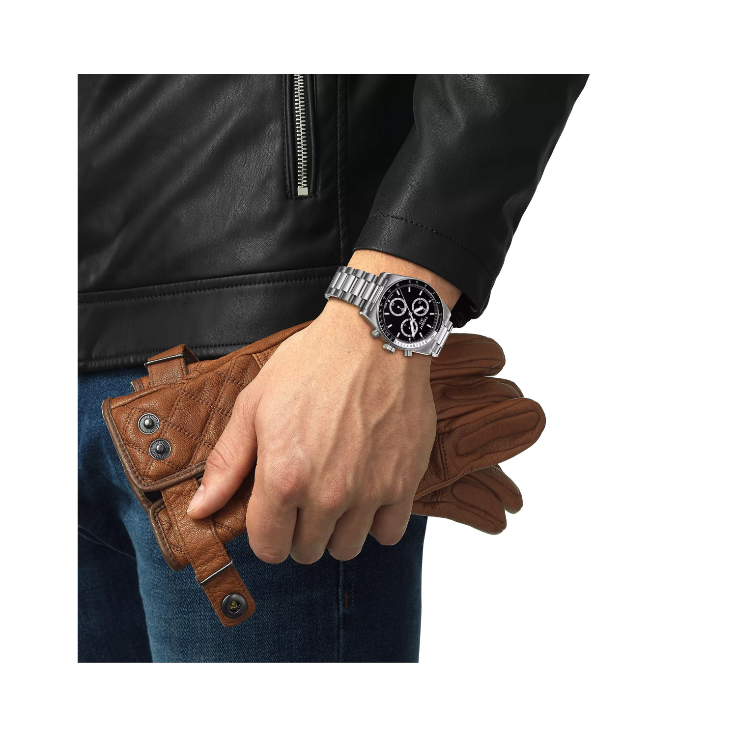 Tissot, PR516 Black Chronograph with a 40mm stainless steel case and bracelet strap featuring a chronograph and a black dial with a black and white bezel.