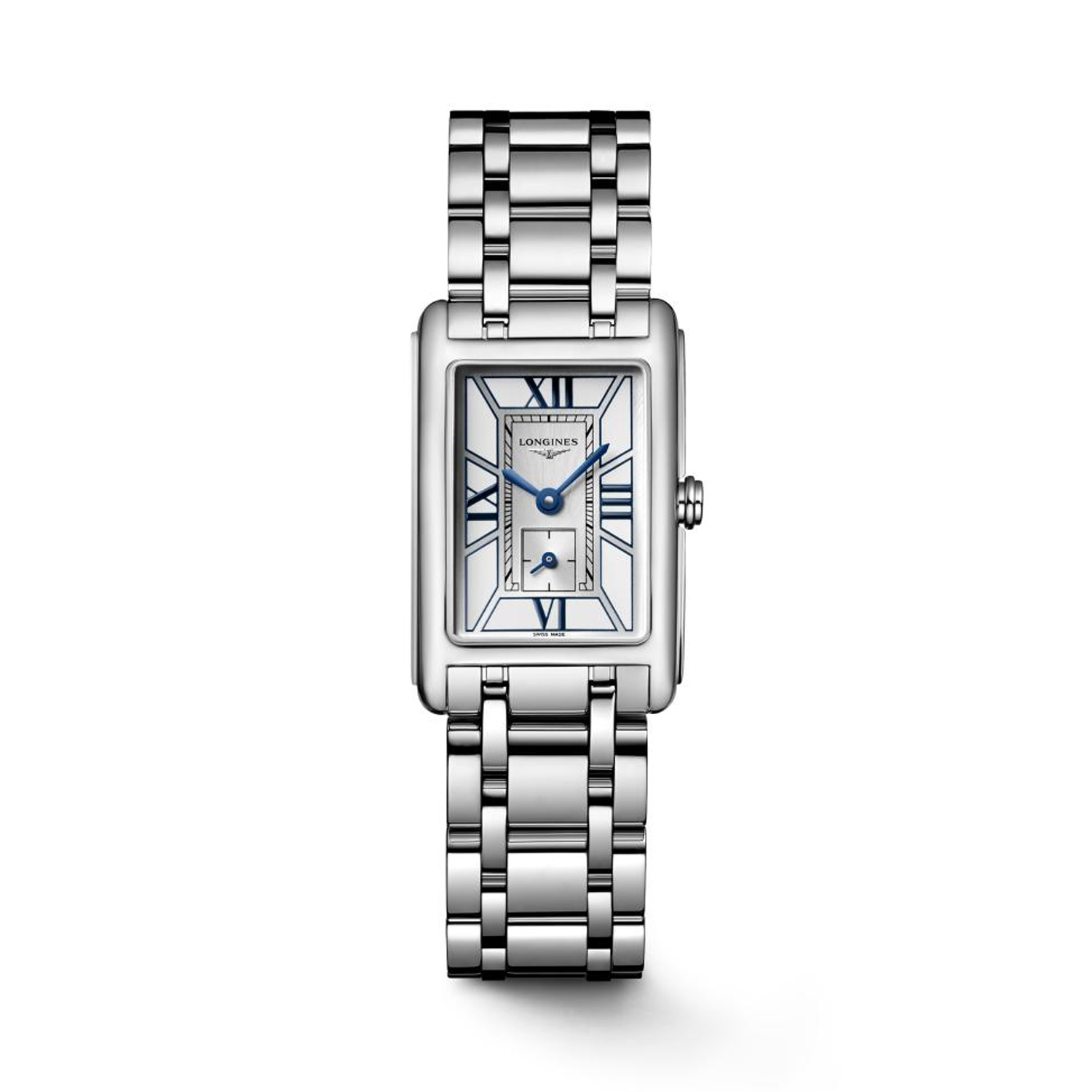 Longines, DolceVita Small Seconds, Quartz Women's Watch Longines, DolceVita with a 20.8 x 32mm stainless steel case and bracelet strap featuring a small seconds hand on a silver dial.