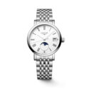 Longines, Elegant Collection Moonphase, Quartz Women's Watch Longines, Elegant Collection with a 30mm stainless steel case and bracelet strap featuring a date function, moonphase and a white dial.