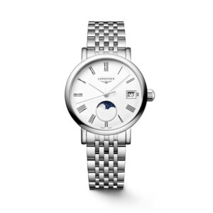 Longines, Elegant Collection with a 30mm stainless steel case and bracelet strap featuring a date function, moonphase and a white dial.