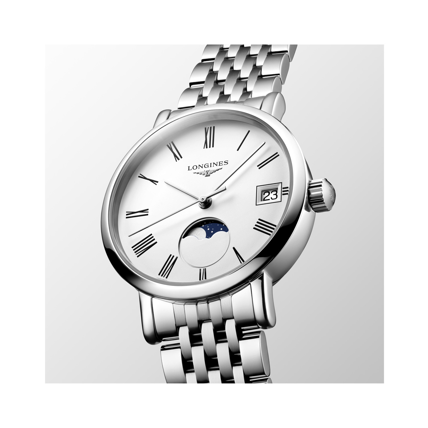 Longines, Elegant Collection Moonphase, Quartz Women's Watch Longines, Elegant Collection with a 30mm stainless steel case and bracelet strap featuring a date function, moonphase and a white dial.