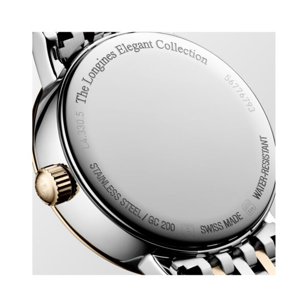 Longines, Elegant Collection Moonphase with a 30mm stainless steel and 18ct rose gold case and bracelet strap featuring a date function and a moonphase on a white mother of pearl diamond set dial.