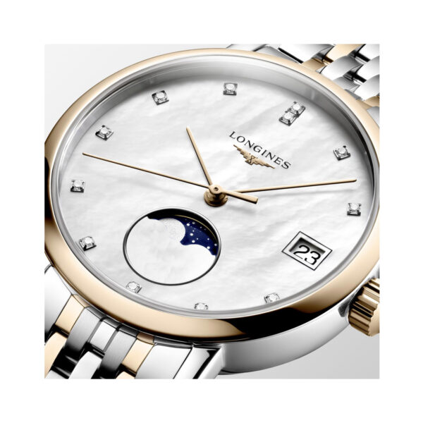 Longines, Elegant Collection Moonphase with a 30mm stainless steel and 18ct rose gold case and bracelet strap featuring a date function and a moonphase on a white mother of pearl diamond set dial.