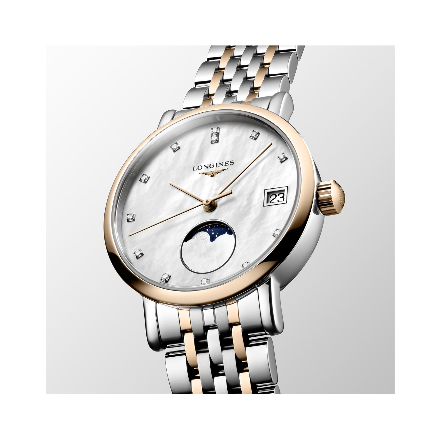 Longines, Elegant Collection Moonphase with a 30mm stainless steel and 18ct rose gold case and bracelet strap featuring a date function and a moonphase on a white mother of pearl diamond set dial.