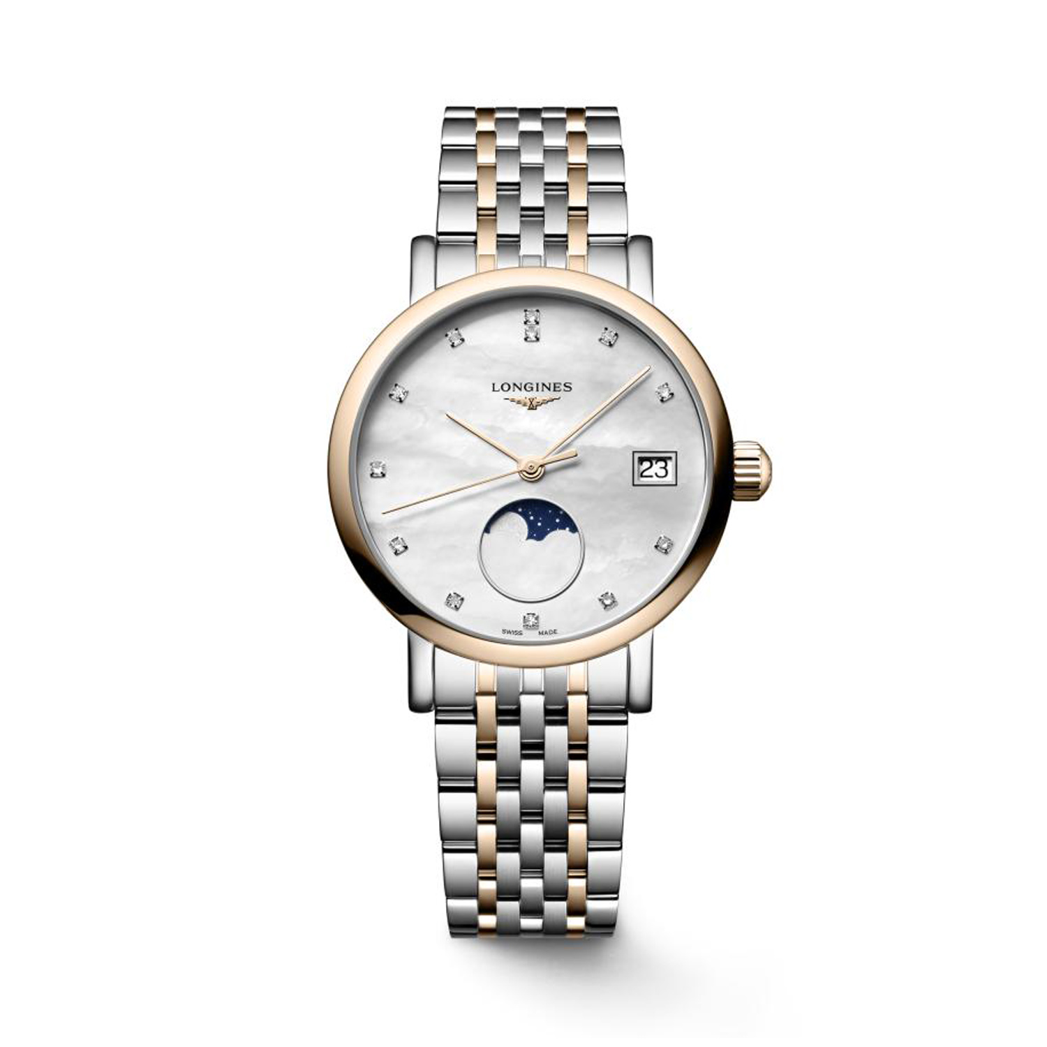 Longines, Elegant Collection Moonphase with a 30mm stainless steel and 18ct rose gold case and bracelet strap featuring a date function and a moonphase on a white mother of pearl diamond set dial.