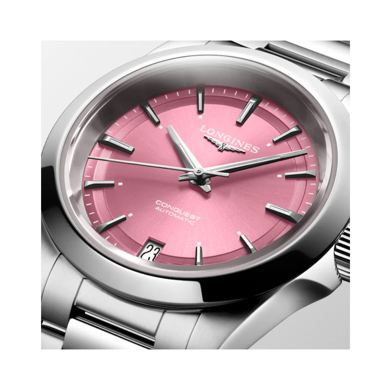 Longines, Conquest with a 34mm stainless steel case and bracelet strap featuring a date function and a pink dial.