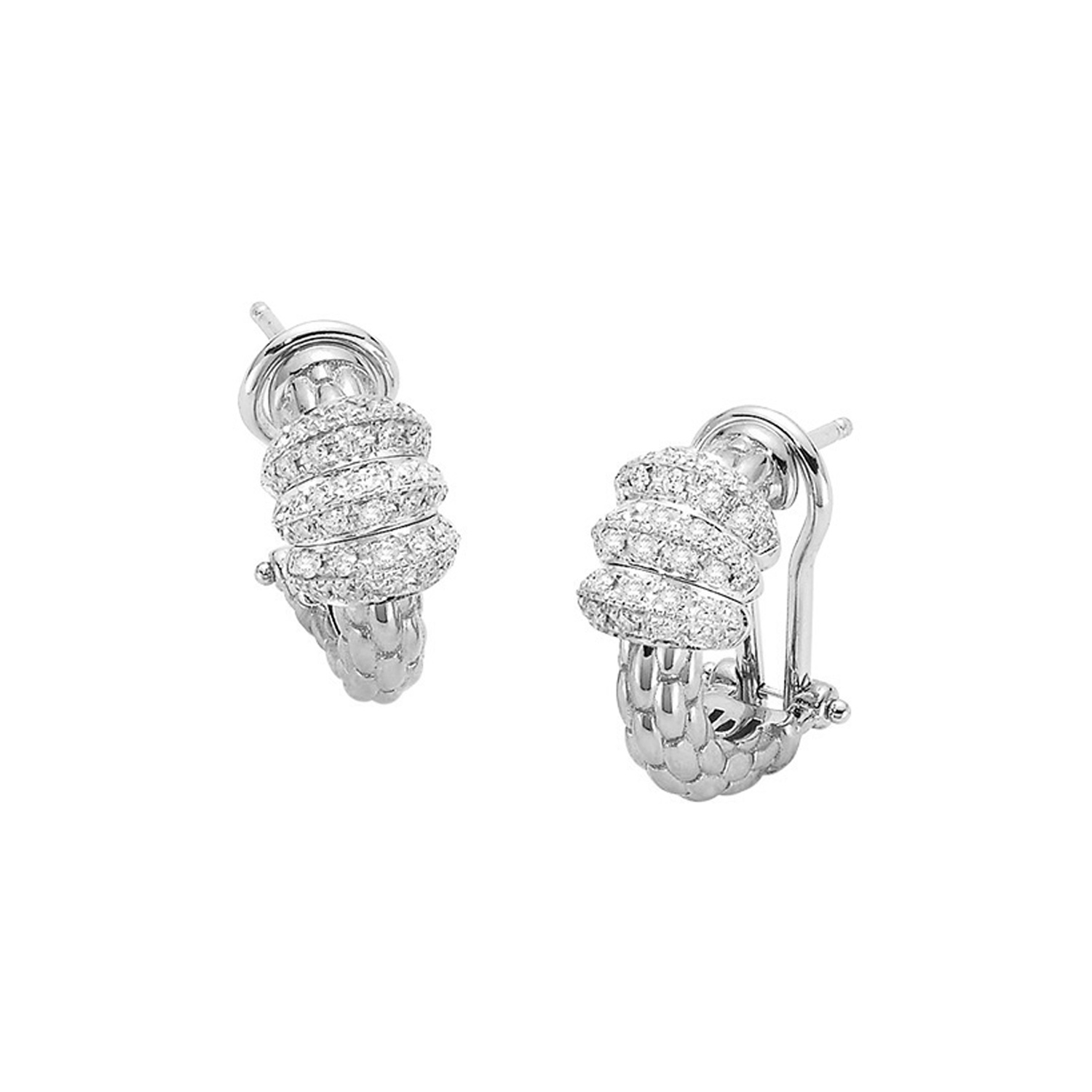 A pair of 18ct white gold, three row diamond set earrings, belonging to FOPE's Solo collection.