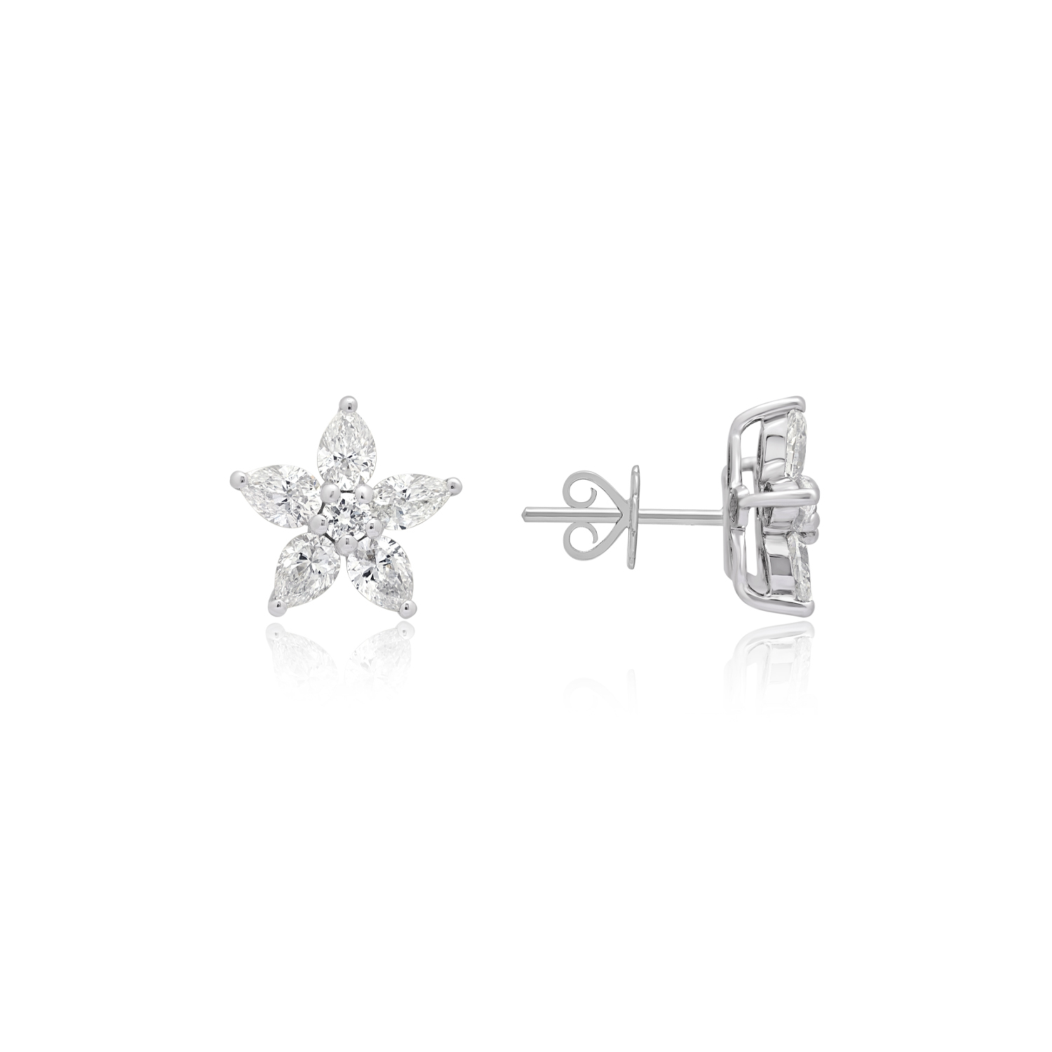 18ct White Gold Diamond Flower Cluster Earrings: 1.50 carats A pair of 18ct white gold pear and brilliant cut diamond flower stud earrings, for pierced ears.
