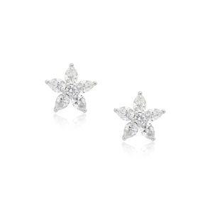 A pair of 18ct white gold pear and brilliant cut diamond flower stud earrings, for pierced ears.