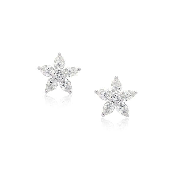 A pair of 18ct white gold pear and brilliant cut diamond flower stud earrings, for pierced ears.