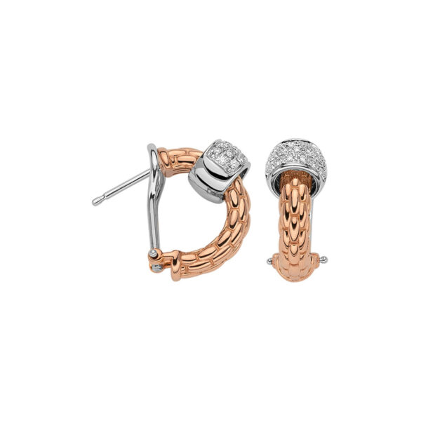 A pair of 18ct rose and white gold earrings with pave set diamonds belonging to FOPE's Solo collection.
