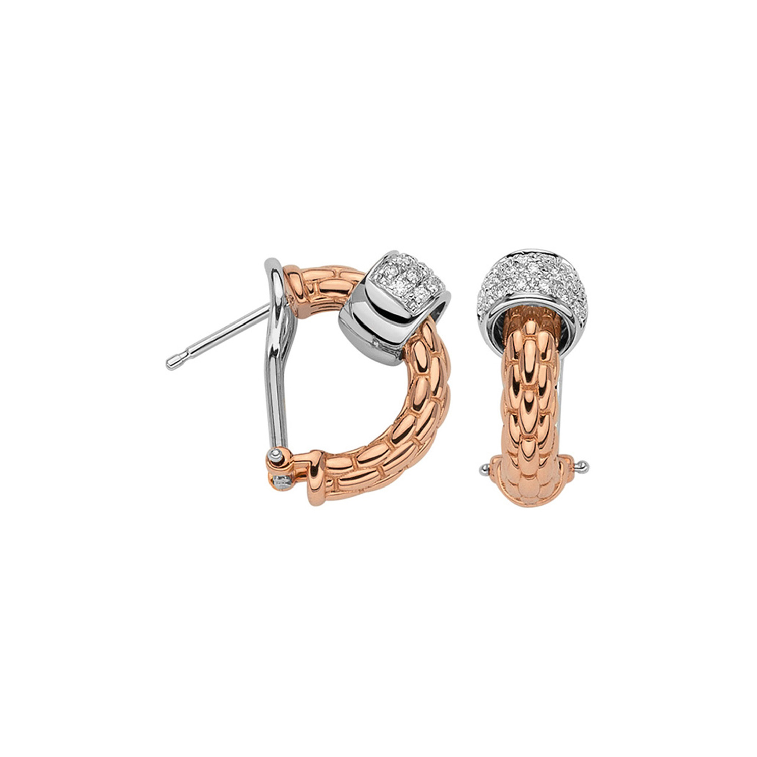 A pair of 18ct rose and white gold earrings with pave set diamonds belonging to FOPE's Solo collection.