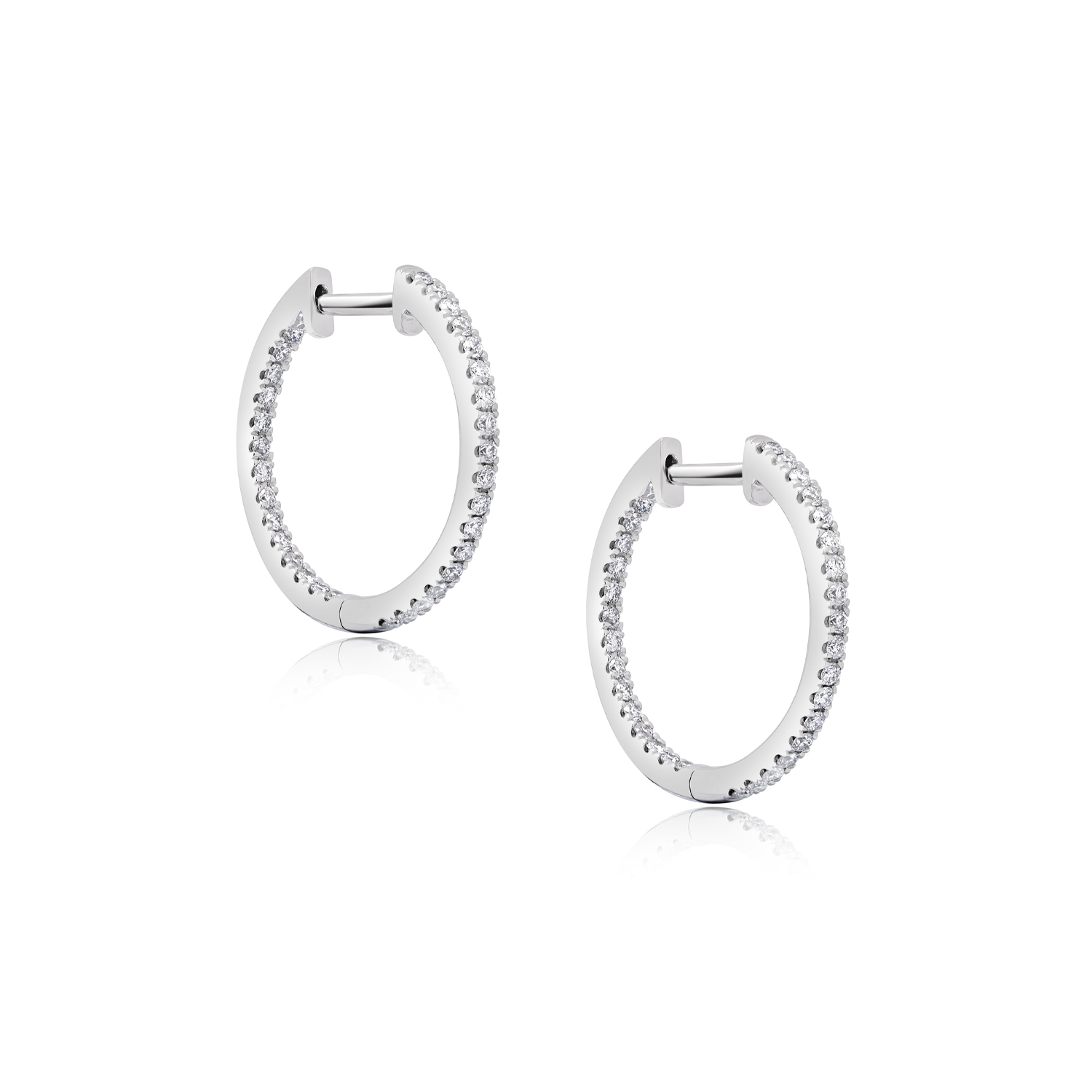 A pair of 18ct white gold round brilliant cut diamond hoop earrings, for pierced ears.