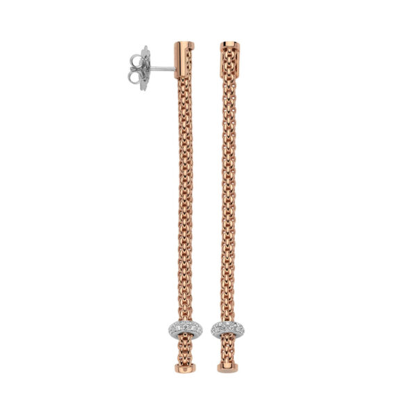A pair of 18ct rose and white gold diamond set drop earrings for pierced ears, belonging to FOPE's Prima collection.