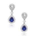 A pair of 18ct white gold teardrop sapphire and round brilliant cut diamond drop earrings, for pierced ears.