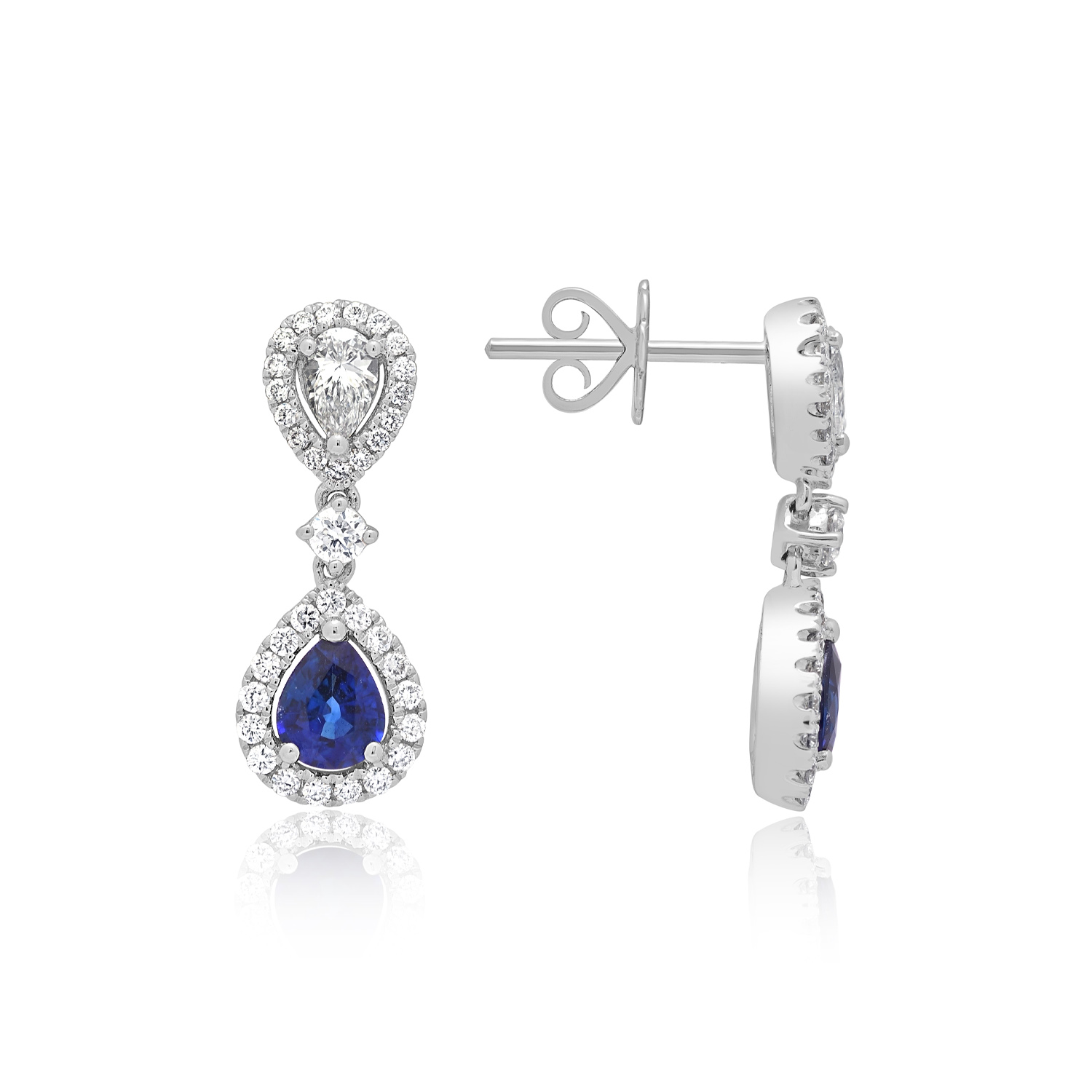 A pair of 18ct white gold teardrop sapphire and round brilliant cut diamond drop earrings, for pierced ears.