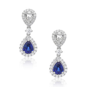 A pair of 18ct white gold teardrop sapphire and round brilliant cut diamond drop earrings, for pierced ears.
