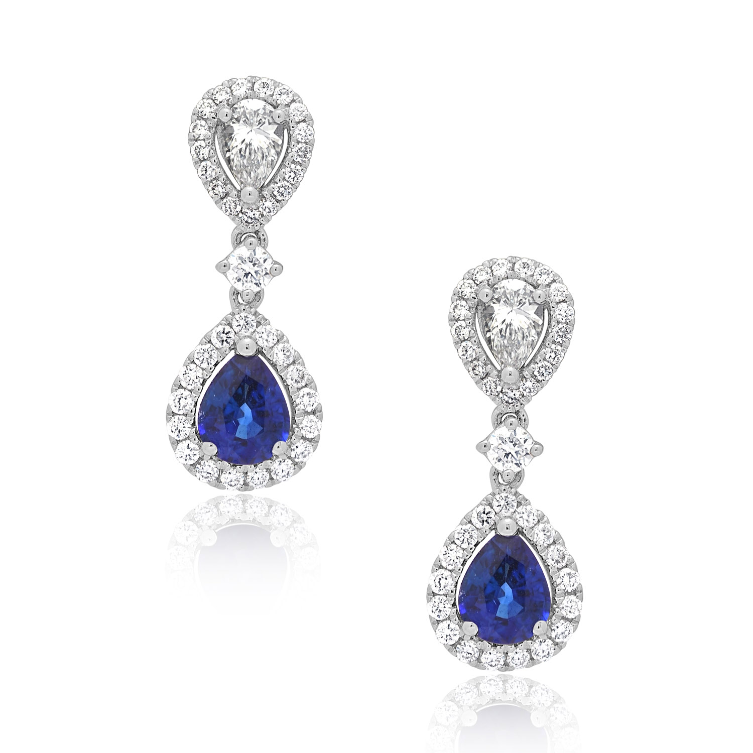 A pair of 18ct white gold teardrop sapphire and round brilliant cut diamond drop earrings, for pierced ears.